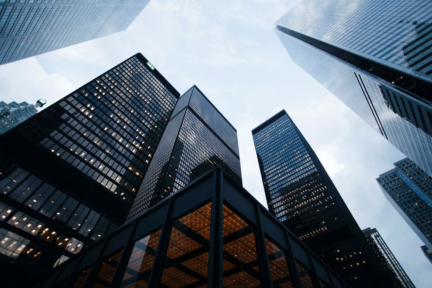 Low angle view of glass office towers in a business district