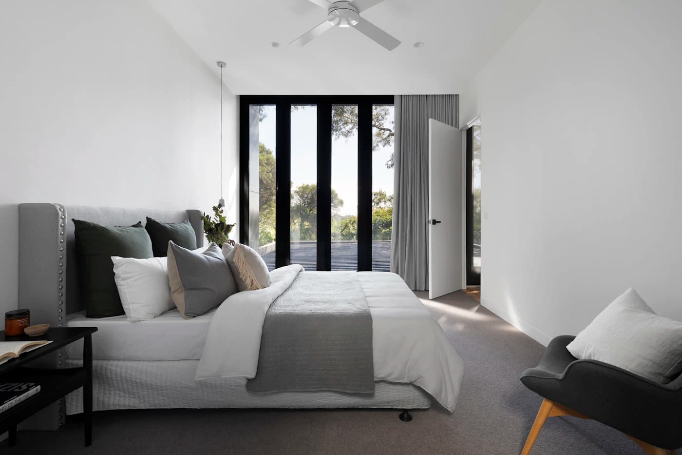 Minimalist bedroom interior with natural light