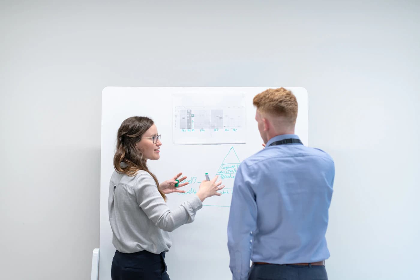 Colleagues reviewing findings at a whiteboard